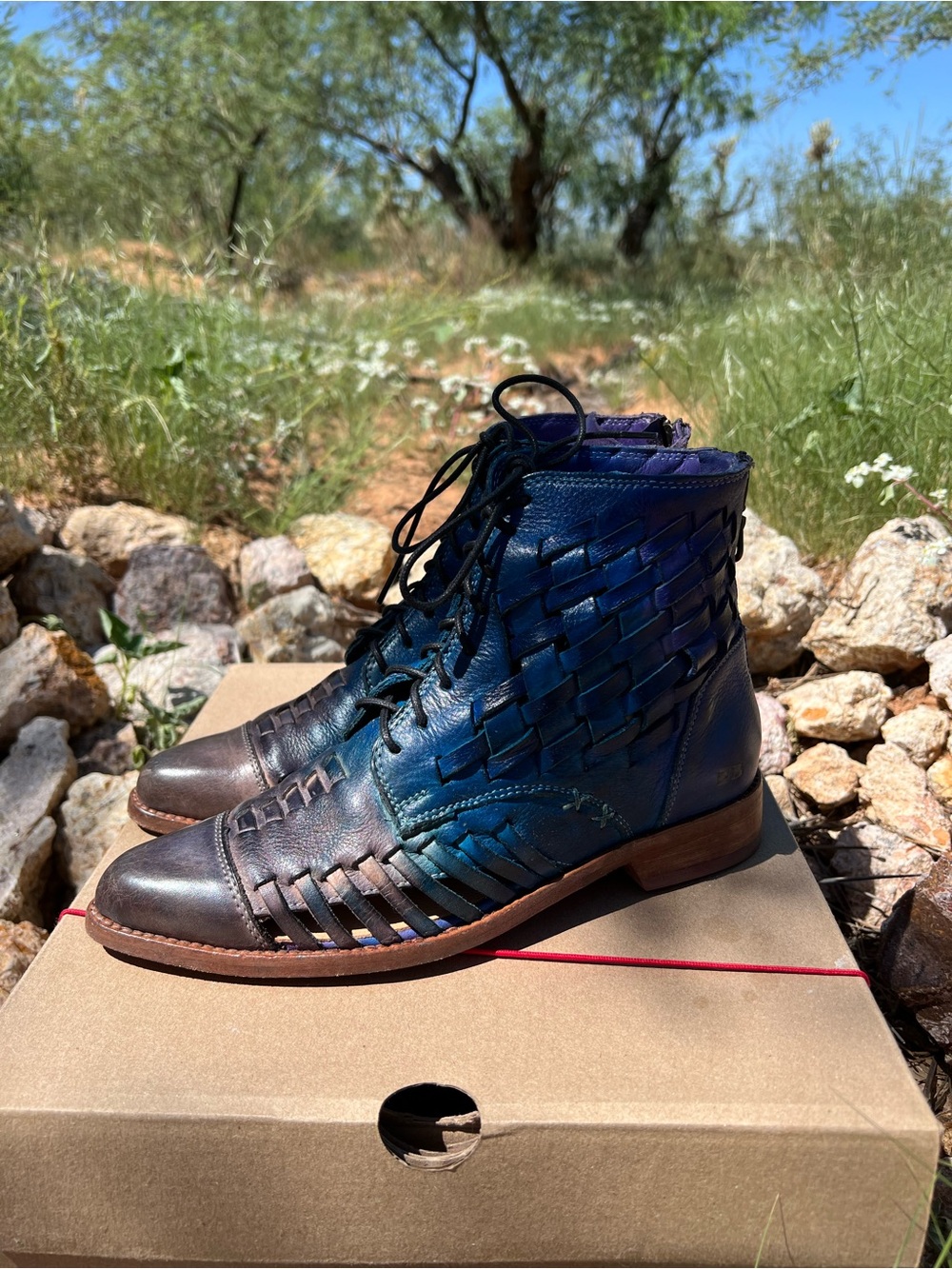 Bed|Stu Loretta Moody Blues TD 7.5 Blue Purple Tie Dye Woven Leather Boots - Picture 4 of 9